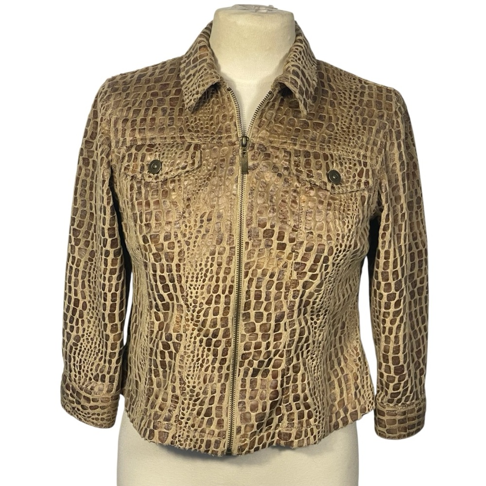 Ruby Rd. Petite Sz 6 Tan Gold Textured Faux Fur Animal Print  Zip Jacket